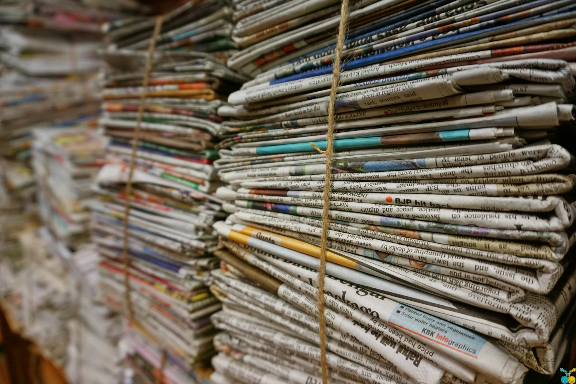 Sznurkiem związane sterty starych gazet przygotowanych do recyklingu