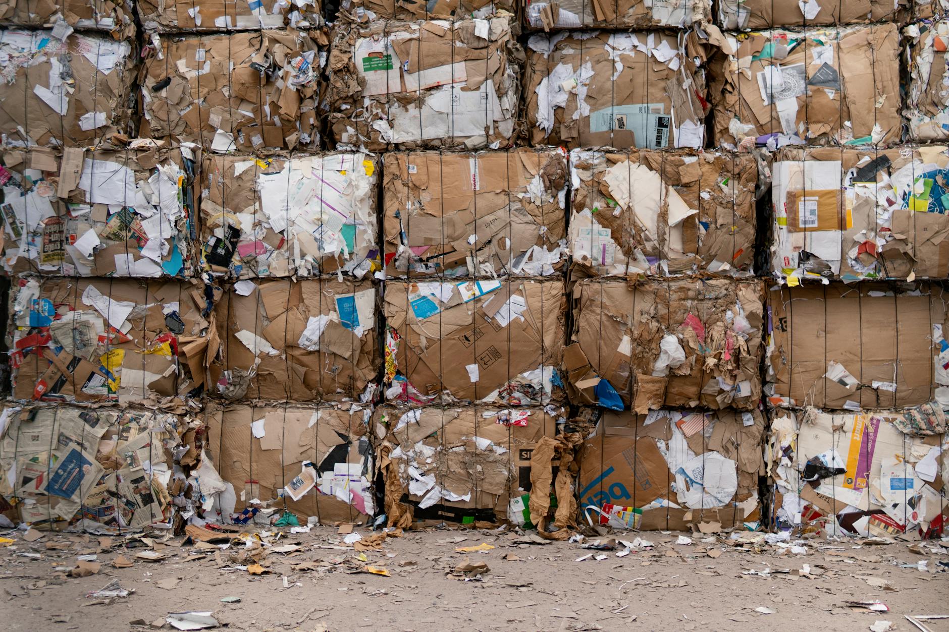 Bale sprasowanej tektury do recyklingu ustawione na zewnątrz